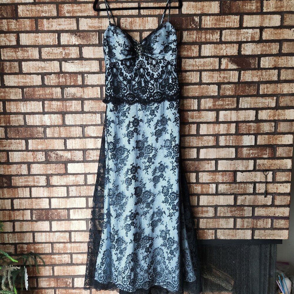 Montage Mon Cheri Formal Blue Black Lace Evening Gown Size 8